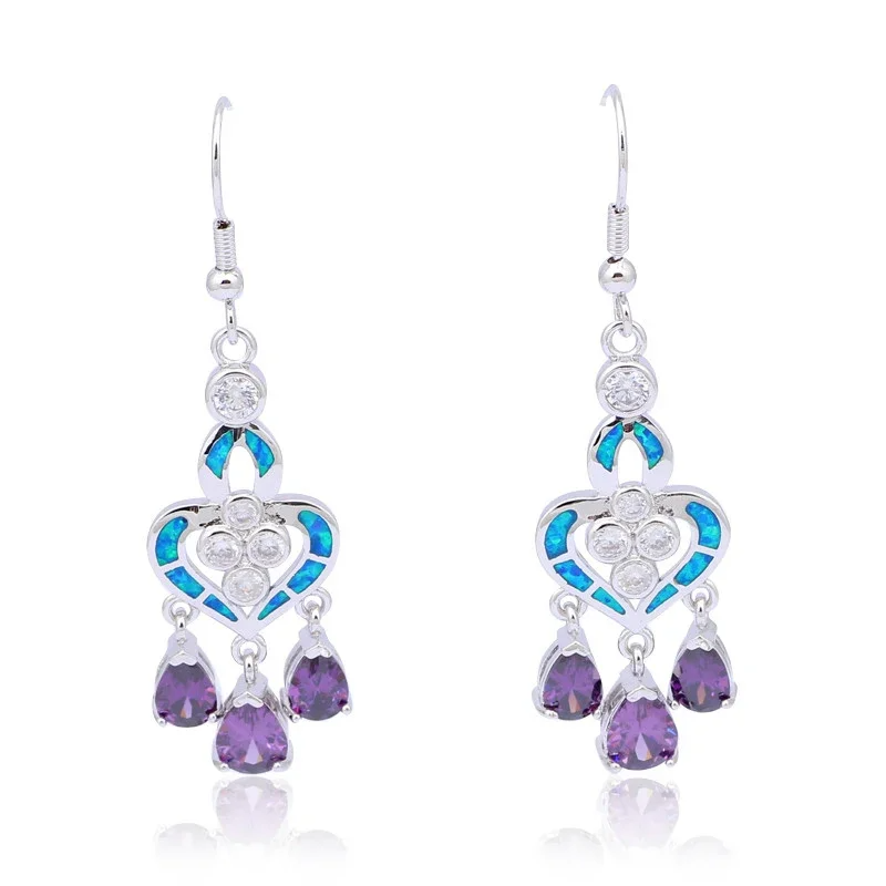Opal Earrings Dangle - ต่างหูรูปหัวใจประดับโอปอลสีฟ้าและพลอยหยดน้ำสีลาเวนเดอร์ ต่างหูห้อยสไตล์โบโฮชิคสำหรับผู้หญิง เครื่องประดับที่ไม่ก่อให้เกิดอาการแพ้