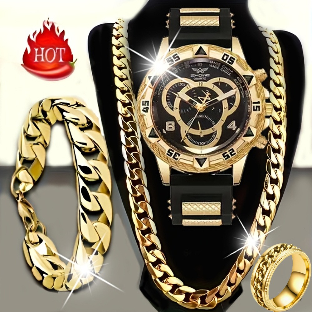 Jewelry Type Watches - ชุดนาฬิกาและเครื่องประดับหรูหราสำหรับผู้ชาย 4 ชิ้น ประกอบด้วยสร้อยคอ สร้อยข้อมือ แหวน