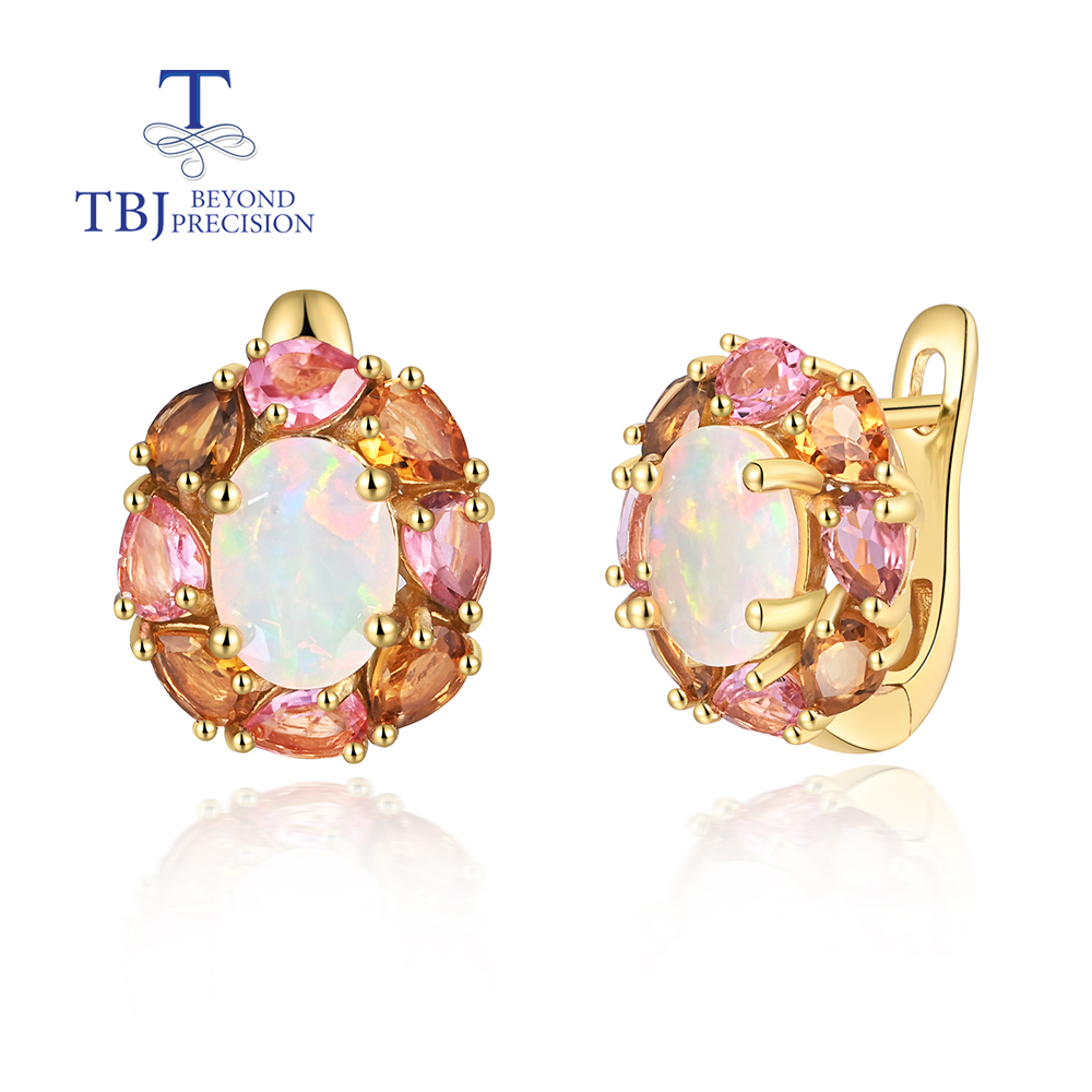 Opal Earrings Dangle - ต่างหูโอปอลทัวร์มาลีนดีไซน์หรูหราสำหรับผู้หญิง เงินแท้ 925 ประดับอัญมณี ดีไซน์เรียบหรู ของขวัญวันครบรอบ
