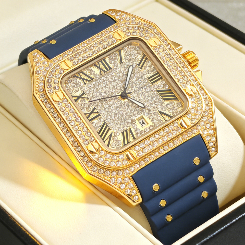 Jewelry Type Watches - นาฬิกาควอตซ์แฟชั่นสุดฮิต ประดับเพชรเต็มหน้าปัด สายยาง สำหรับผู้ชาย สไตล์ฮิปฮอป หรูหรา