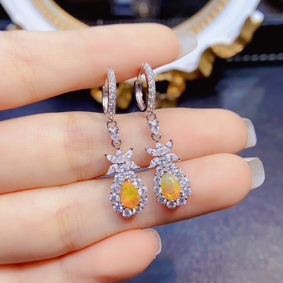 Opal Earrings Dangle - 925 เงินสเตอร์ลิงคลาสสิกธรรมชาติสีส้มโอปอลยาว Dangle Drop ต่างหูสําหรับผู้หญิง Ear