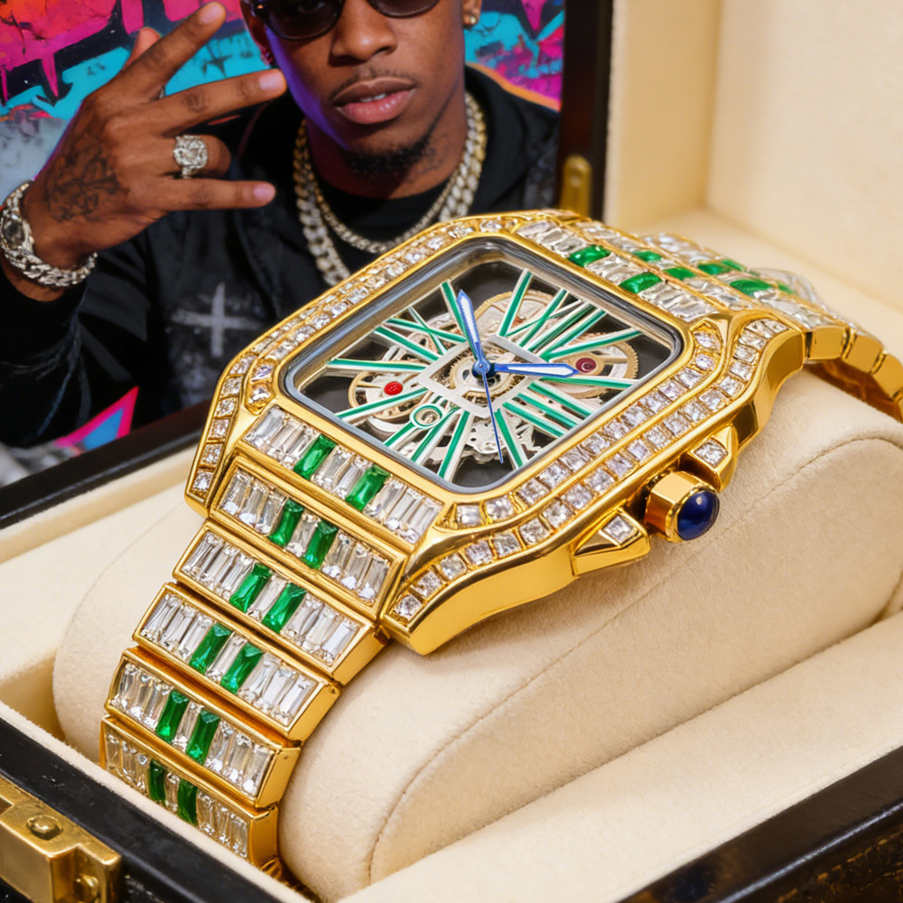 Jewelry Type Watches - นาฬิกาข้อมือควอตซ์หรูหราประดับเพชรเต็มหน้าปัด แฟชั่นสุดฮิตสำหรับผู้ชาย แบรนด์ฮิปฮอป ดีไซน์สี่เหลี่ยม พร้อมบริการดรอปชิปปิ้ง