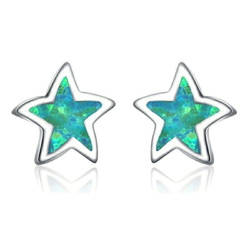 Opal Earrings Dangle - ต่างหูเงินรูปดาวห้าแฉกสีเขียว/น้ำเงิน/ขาว ประดับโอปอลสีเขียวเทียม 1 คู่ ของขวัญสำหรับผู้หญิงในงานแต่งงาน
