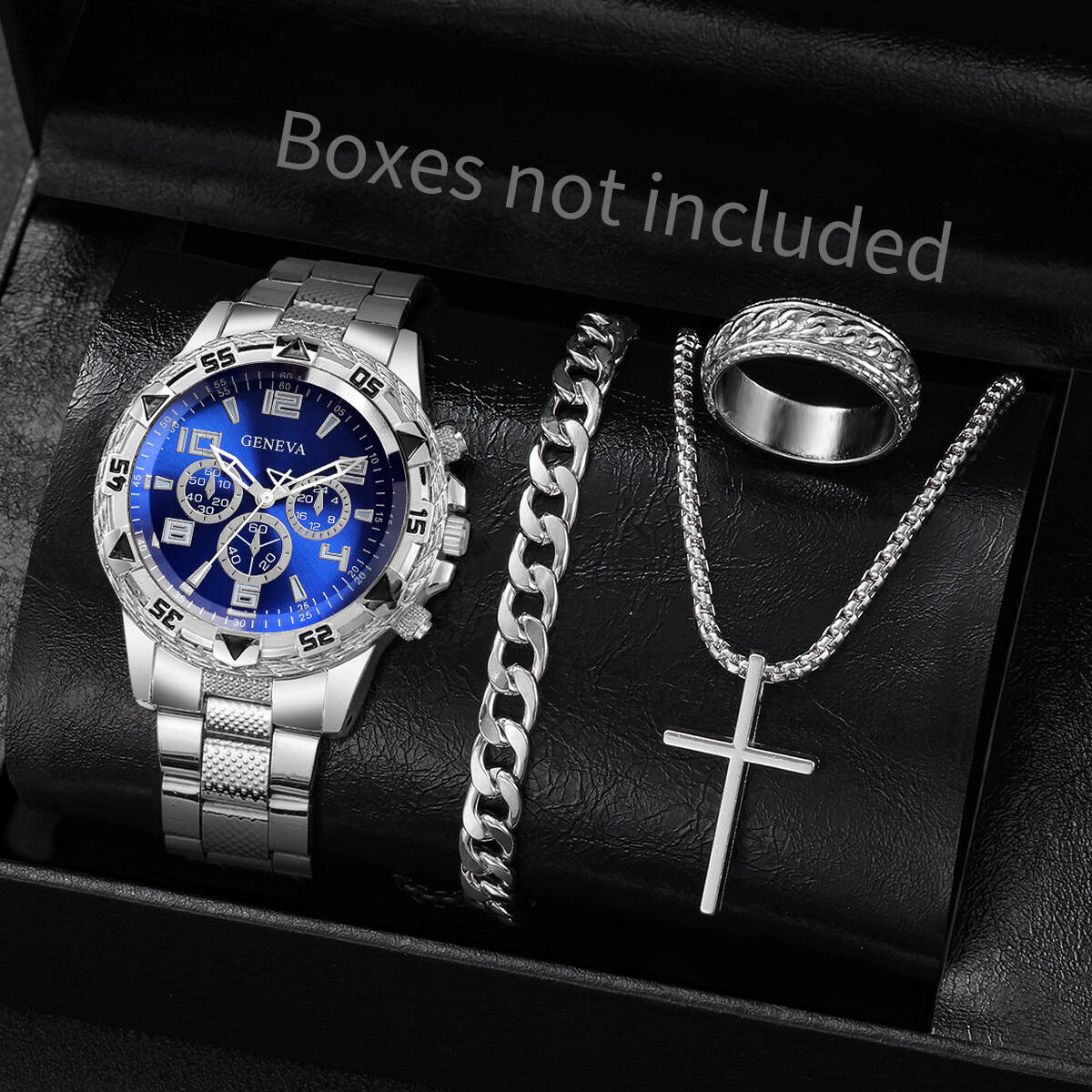 Jewelry Type Watches - 4 ชิ้น/เซ็ตแฟชั่นผู้ชายนาฬิกาธุรกิจหรูหราหน้าปัดใหญ่นาฬิกาควอตซ์สำหรับผู้ชายนาฬิกาชุดเครื่องประดับเรโลจ ฮอมเบอร์(ไม่มีกล่อง)