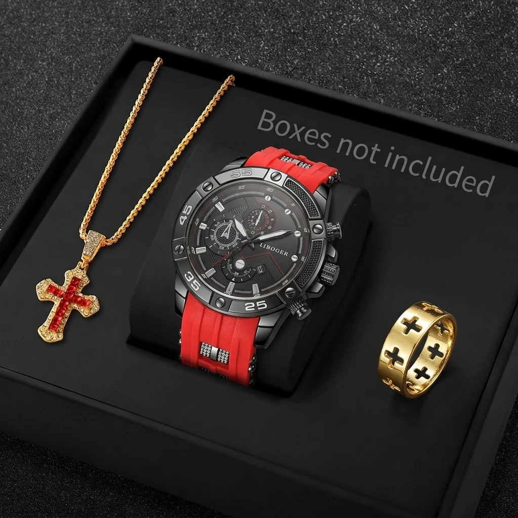 Jewelry Type Watches - 3 ชิ้น/ชุด นาฬิกาสปอร์ตแฟชั่นสำหรับผู้ชาย ชุดเครื่องประดับรูปกากบาท สายซิลิโคนลำลอง นาฬิกาข้อมือผู้ชาย