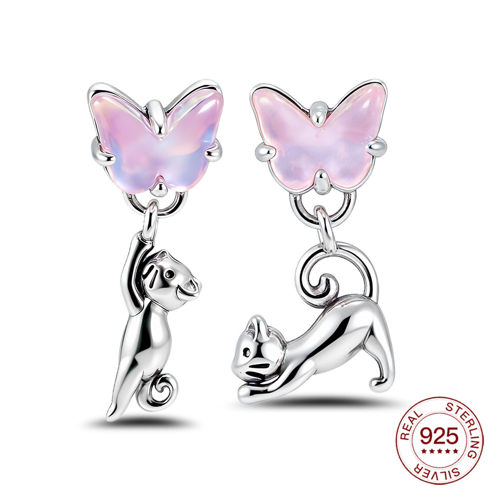Opal Earrings Dangle - ต่างหูเงินแท้ 925 รูปแมวและผีเสื้อ ดีไซน์ไม่สมมาตร ประดับโอปอลสีชมพู สำหรับคนรักสัตว์เลี้ยง